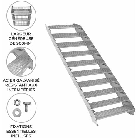 Escalier Caillebotis à 10 marches 900mm x 240 mm - Acier Galvanisé DIN 24537 - Hauteur totale 2000mm - Maille 20x25 mm - Résistant à la Corrosion EN ISO 1461 - Construction Bâtiment Sortie de Secours