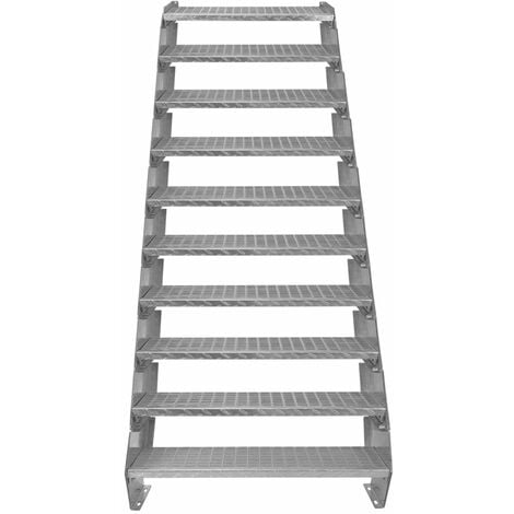 Escalier Caillebotis à 10 marches 900mm x 240 mm - Acier Galvanisé DIN 24537 - Hauteur totale 2000mm - Maille 20x25 mm - Résistant à la Corrosion EN ISO 1461 - Construction Bâtiment Sortie de Secours
