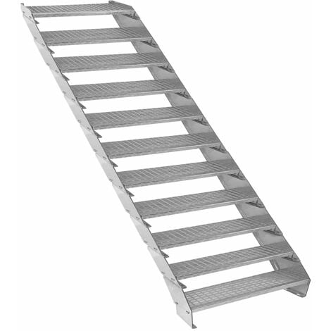 Escalier Caillebotis à 11 marches 900mm x 240 mm - Acier Galvanisé DIN 24537 - Hauteur totale 2200mm - Maille 20x25 mm - Résistant à la Corrosion EN ISO 1461 - Construction Bâtiment Sortie de Secours