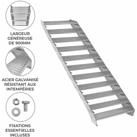 Escalier Caillebotis à 11 marches 900mm x 240 mm - Acier Galvanisé DIN 24537 - Hauteur totale 2200mm - Maille 20x25 mm - Résistant à la Corrosion EN ISO 1461 - Construction Bâtiment Sortie de Secours