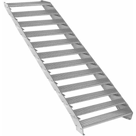 Escalier Caillebotis à 12 marches 900mm x 240 mm - Acier Galvanisé DIN 24537 - Hauteur totale 2400mm - Maille 20x25 mm - Résistant à la Corrosion EN ISO 1461 - Construction Bâtiment Sortie de Secours
