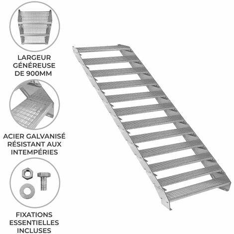 Escalier Caillebotis à 12 marches 900mm x 240 mm - Acier Galvanisé DIN 24537 - Hauteur totale 2400mm - Maille 20x25 mm - Résistant à la Corrosion EN ISO 1461 - Construction Bâtiment Sortie de Secours