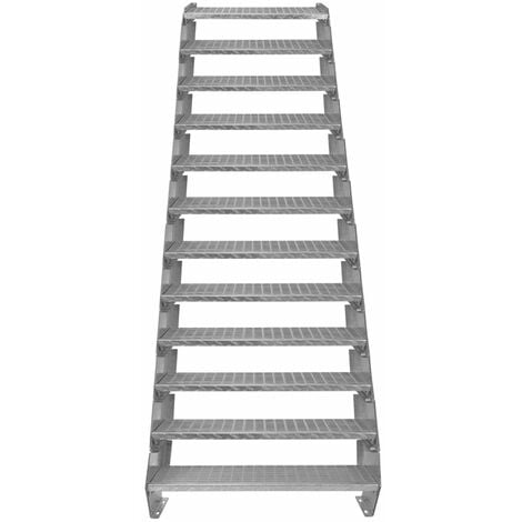 Escalier Caillebotis à 12 marches 900mm x 240 mm - Acier Galvanisé DIN 24537 - Hauteur totale 2400mm - Maille 20x25 mm - Résistant à la Corrosion EN ISO 1461 - Construction Bâtiment Sortie de Secours