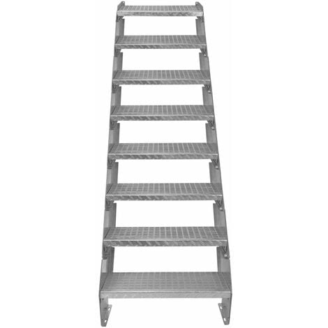 Escalier Caillebotis à 8 marches 600mm x 240 mm - Acier Galvanisé DIN 24537 - Hauteur totale 1600mm - Maille 20 x 25 mm - Résistant à la Corrosion EN ISO 1461 - Construction Bâtiment Sortie de Secours