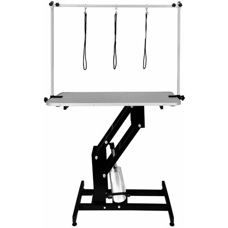 Monster-Shop – Table de toilettage hydraulique – Cadre acier noir – Plateau antidérapant gris 106 x 61 cm – Hauteur réglable 55 à 100 cm – Capacité 180 kg – 3 sangles de sécurité
