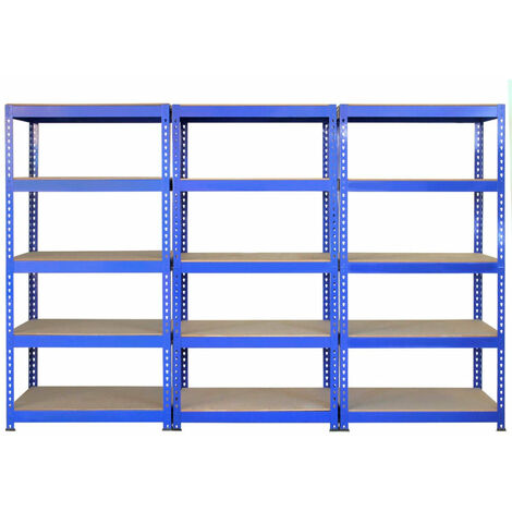 3 Étagères Bleu à 5 Niveaux 90 x 50 x 182.5cm - Acier Robuste - Capacité Totale 3000KG - 200Kg /planche - Rangement Atelier Bricolage Entrepôt 100% sans boulons [Maillet inclus] (1/5)