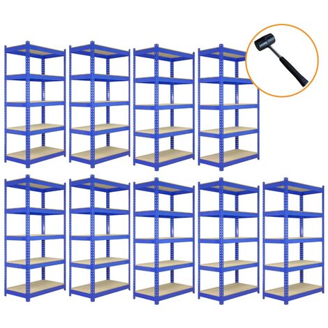 9 x T-Rax Acier 90 x 45 x 180cm - Bleu - Résistant & 100% sans Boulons - 280 Kg par Planche Capacité Totale 4200Kg - Rangement Garage Atelier Entrepôt [Maillet INCLUS] (1/5)