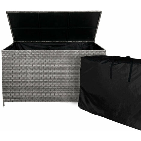 Coffre de jardin en rotin gris 582 L – Résistant aux UV – Ouverture assistée par gaz – Portable avec roues et poignée (1/5)
