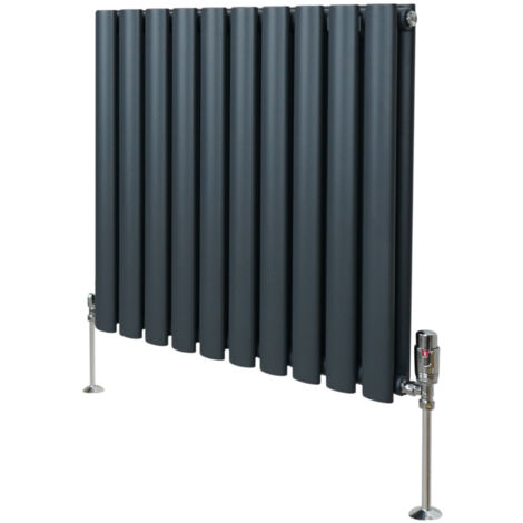 Radiateur à Colonne Ovale 600 x 600mm & Robinet Thermostatique Chromé, Chauffage Moderne Horizontal en Acier au Carbone Gris Anthracite Mat, Cuisine Salle de Bain [Brosse, Attaches & Supports INCLUS] (1/5)