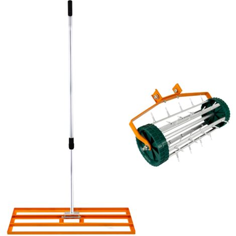 Ensemble 2-en-1 Scarificateur Manuel et Niveleur de Pelouse Orange en Acier Galvanisé et Aluminium avec Manche Extensible jusqu'à 2 m, Base de Nivellement de 100 cm et Pointes de 3,8 cm