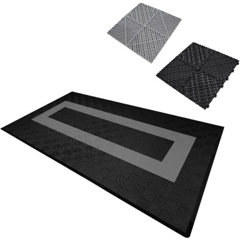 Carrelage de Sol Ventilée Modulaire Imbriqué & Bordures 90 Noir & 30 Gris Garage Unique Double Tapis de Sol Showroom Ultra-Résistant Polypropylène Antidérapant Imperméable Drainage 3,2 x 6 M 19,2 m2