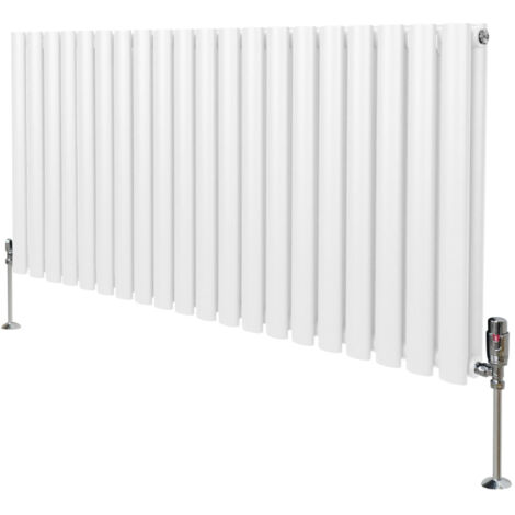 Radiateur à Colonne Ovale 600 x 1200mm & Robinet Thermostatique Chromé, Chauffage Moderne Horizontal en Acier au Carbone Blanc Brillant, Cuisine Salle de Bain [Brosse, Attaches & Supports INCLUS] (1/5)