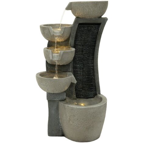 Fontaine de Jardin Cascade Électrique Extérieure Polyresine Gris Lumière LED Blanc Chaud Pompe à Brancher Câble de 7 m Statue Droit Décor Maison Terrasse Sleek Streams [Brosse de Nettoyage INCLUS]
