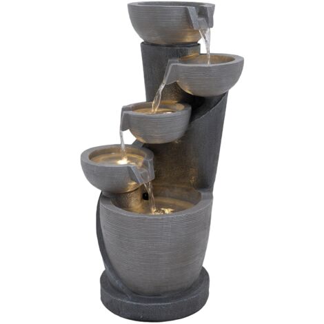 Fontaine de Jardin Cascade Électrique Extérieure Polyresine Gris 4 Lumières LED Blanc Chaud Pompe à Brancher Câble 7 m Statue Droit Décor Maison Terrasse Illusion Lagoon [Brosse de Nettoyage INCLUS]