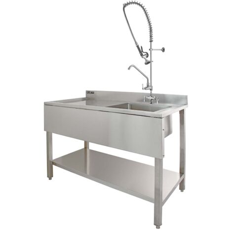 Évier Cuisine Commercial en Acier Inoxydable & Robinet de Pré-rinçage - Drainage Egouttoir à gauche-  Parfait pour Restaurants, Cantines, ... [Bouchons & Microfibres GRATUITS]