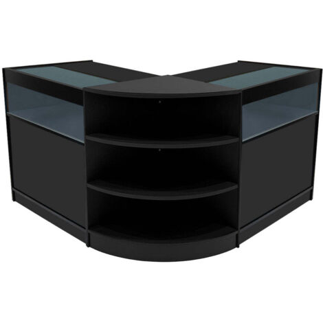 Comptoirs de Vente en MDF Noir à LED Blancs Ensemble Theseus LM60 B900 3 Unités de Rangement Étagères Internes Portes Coulissantes Verouillables Réception Bureau Vêtements Bijoux [Clés INCLUS] (1/5)