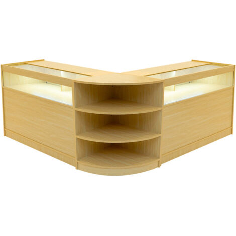 Comptoirs de Vente en MDF Érable à LED Blancs Ensemble Theseus LM60 B1200 3 Unités de Rangement Étagères Internes Portes Coulissantes Verouillables Réception Bureau Vêtements Bijoux [Clés INCLUS] (1/5)