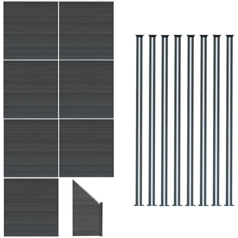 Kit Clôture Panneaux en Bois Composite Gris 7 Quadratique et 1 Incliné 185 H x 13,1 m L & 8 Poteaux en Aluminium à LED Solaires Lames à Emboîter Texture Bois Reversible PVC Brise-Vue Extérieur Jardin (1/5)