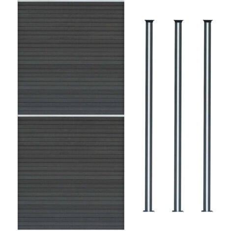 Kit Clôture 2 Panneaux Composite Plastique Gris 9 Lames à Emboîter 185 cm H x 353 cm L & 3 Poteaux en Aluminium à LED Solaires Texture de Bois Reversible PVC Brise-Vue Extérieur Jardin Mur d'Intimité (1/5)
