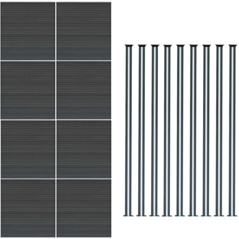 Kit Clôture 8 Panneaux Composite Plastique Gris 9 Lames à Emboîter 185 cm H x 1391cm L & 9 Poteaux en Aluminium à LED Solaires Texture de Bois Reversible PVC Brise-Vue Extérieur Jardin Mur d'Intimité (1/5)