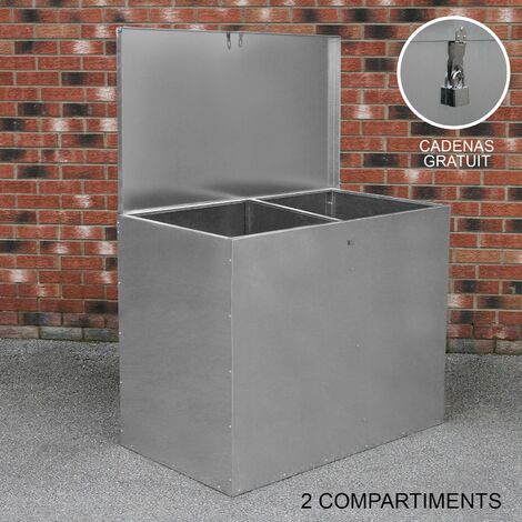 Grand Conteneur de Nourriture pour Animaux 64L Acier Galvanisé 2 Compartiments Étanche pour Animaux de Ferme & Jardin Extérieur Conteneur Verrouillable [Cadenas INCLUS]