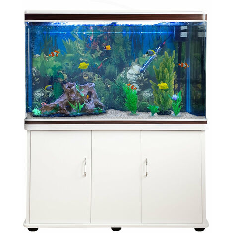 Monster-Shop – Kit aquarium 300L sur meuble blanc avec LED – Dimensions 120,5 x 39 x 143,5 cm – Filtre intégré, pompe 300W, gravier 25kg, plantes artificielles