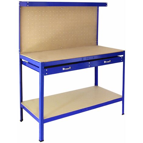 Établi de Travail Bleu Banc Plan de Travail Panneau Perforé Ateliers Rangement Outils avec Tiroir 2 Niveau Étagère Robuste Cadre Sans Boulons