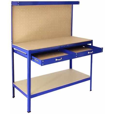 Établi de Travail Bleu Banc Plan de Travail Panneau Perforé Ateliers Rangement Outils avec Tiroir 2 Niveau Étagère Robuste Cadre Sans Boulons