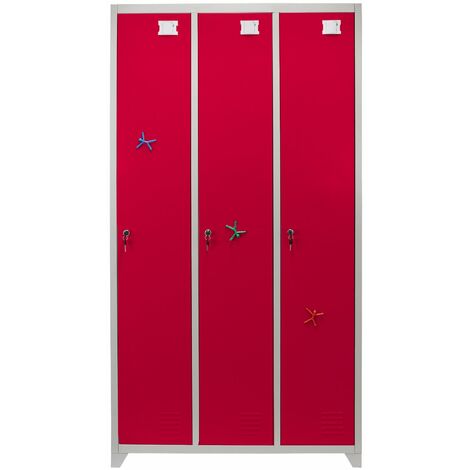 Rangée de 3 Casier Métallique Rouge et Gris en Acier à 1 Porte pour vestiaires 180 x 90 x 50 cm gym école ou bureau - Livré à Plat & Facile à Monter [Aimants et Labels GRATUITS]