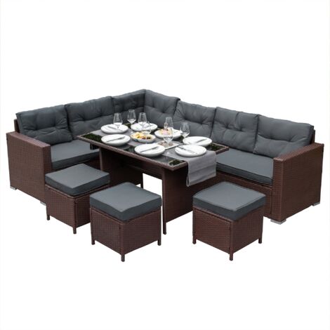 Salon de jardin en rotin marron 9 places – Ensemble table en verre et sièges avec coussins épais – Protection anti-UV – Housse incluse (1/5)