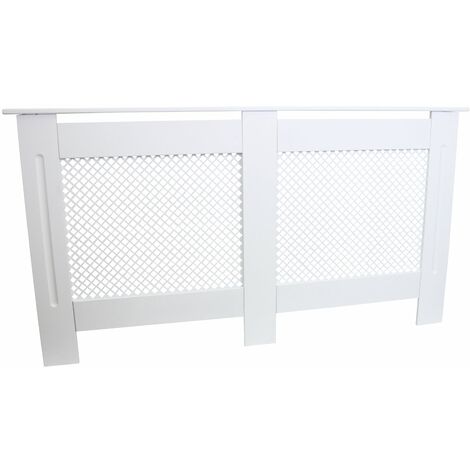 Monster-Shop – Cache radiateur MDF blanc 151,5cm – Motif grillagé élégant – Hauteur 82cm – Protection enfants et animaux – Finition moderne (1/5)