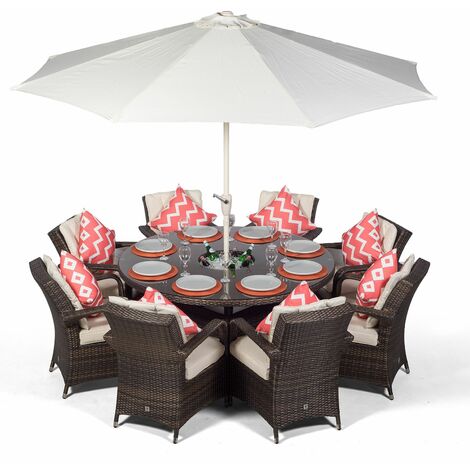 Arizona Large 8 Seater Brown Rattan Dining Set with Ice Bucket Drinks Cooler | Outdoor Rattan Garden Table & Chairs Set with Parasol & Cover - Brown