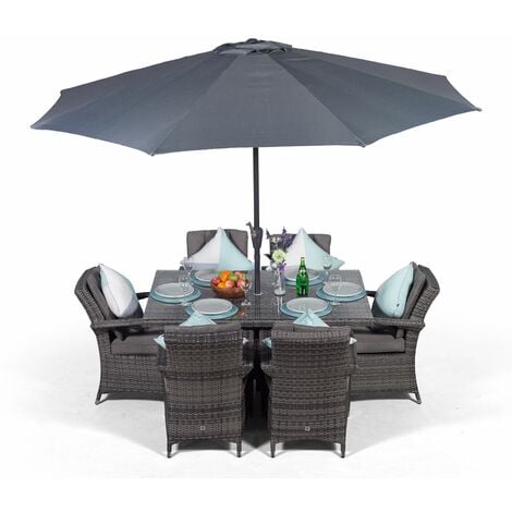 Arizona Rattan Dining Set | Rectangle 6 Seater Grey Rattan Dining Set | Outdoor Rattan Garden Table & Chairs Set | Patio Conservatory Wicker Garden Dining Furniture with Parasol & Cover - Grey