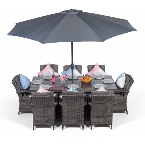 Arizona Rattan Dining Set | Rectangle 8 Seater Grey Rattan Dining Set | Outdoor Rattan Garden Table & Chairs Set | Patio Conservatory Wicker Garden Dining Furniture with Parasol & Cover - Grey