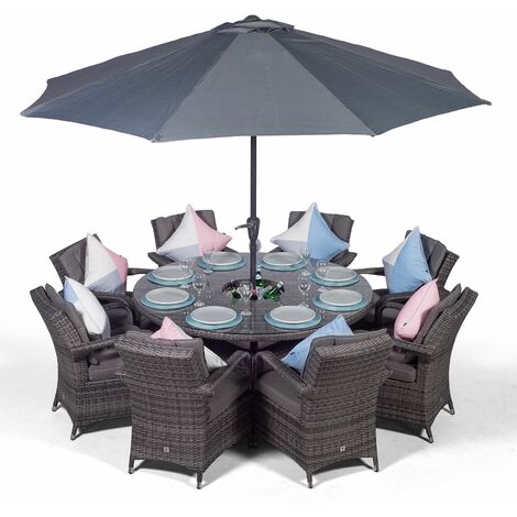 Arizona 8 Seater Grey Rattan Dining Set with Ice Bucket Drinks Cooler | Outdoor Rattan Garden Table & Chairs Set with Parasol & Cover - Grey