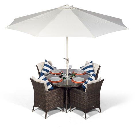 Savannah 4 Seater Brown Rattan Dining Table & Chairs with Ice Bucket Drinks Cooler | Outdoor Rattan Garden Dining Set Rattan with Parasol & Cover - Brown