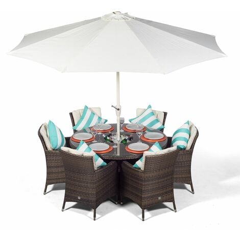 Savannah 6 Seater Brown Rattan Dining Table & Chairs with Ice Bucket Drinks Cooler | Outdoor Rattan Garden Dining Furniture Set Rattan with Parasol & Cover - Brown