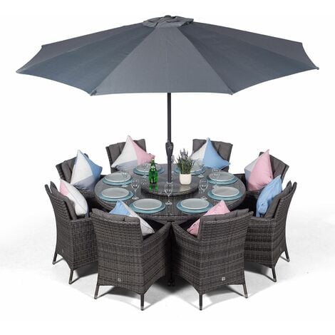 Savannah Rattan Dining Set | Large Round 8 Seater Grey Rattan Dining Set | Outdoor Rattan Garden Table & Chairs Set | Patio Conservatory Wicker Garden Dining Furniture with Parasol & Cover - Grey