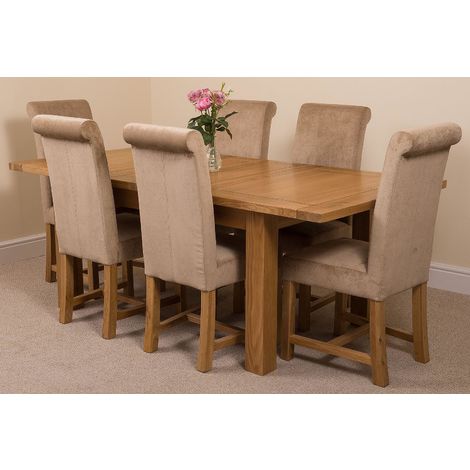 Seattle Solid Oak 150cm-210cm Extending Dining Table with 6 Washington Dining Chairs [Beige Fabric]