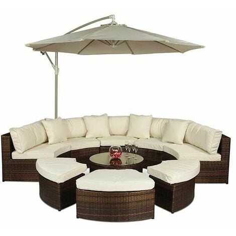 Fully Assembled Patio & Conservatory Wicker Garden Furniture with Parasol & Outdoor Cover Monaco Luxury Large Brown Rattan Garden Sofa Set 10 Piece Semi Circle Outdoor Poly Rattan Sofa Set