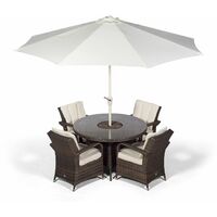 Arizona 4 Seater Brown Rattan Dining Set with Ice Bucket Drinks Cooler | Outdoor Rattan Garden Table & Chairs Set with Parasol & Cover - Brown