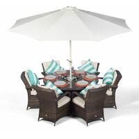 Arizona 6 Seater Brown Rattan Dining Set with Ice Bucket Drinks Cooler | Outdoor Rattan Garden Table & Chairs Set with Parasol & Cover - Brown
