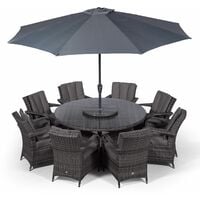 Arizona Rattan Dining Set | Large Round 8 Seater Grey Rattan Dining Set | Outdoor Rattan Garden Table & Chairs Set | Patio Conservatory Wicker Garden Dining Furniture with Parasol & Cover - Grey
