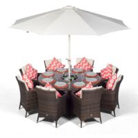 Savannah Round 8 Seater Rattan Dining Set with Ice Bucket Drinks Cooler - Brown