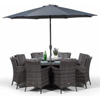 Savannah Rattan Dining Set | Large Round 8 Seater Grey Rattan Dining Set | Outdoor Rattan Garden Table & Chairs Set | Patio Conservatory Wicker Garden Dining Furniture with Parasol & Cover - Grey