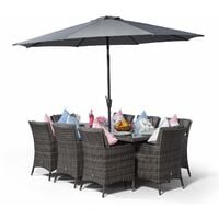 Savannah Rattan Dining Set | Large Rectangle 8 Seater Grey Rattan Dining Set | Outdoor Rattan Garden Table & Chairs Set | Patio Conservatory Wicker Garden Dining Furniture with Parasol & Cover - Grey