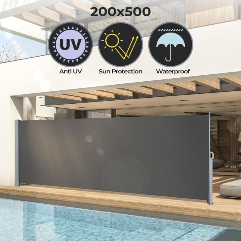 Tenda Da Sole Laterale Retrattile VidaXL 200x500 Cm - Beige, Poliestere Con Rivestimento PU, Per Balcone E Giardino - Foto 9