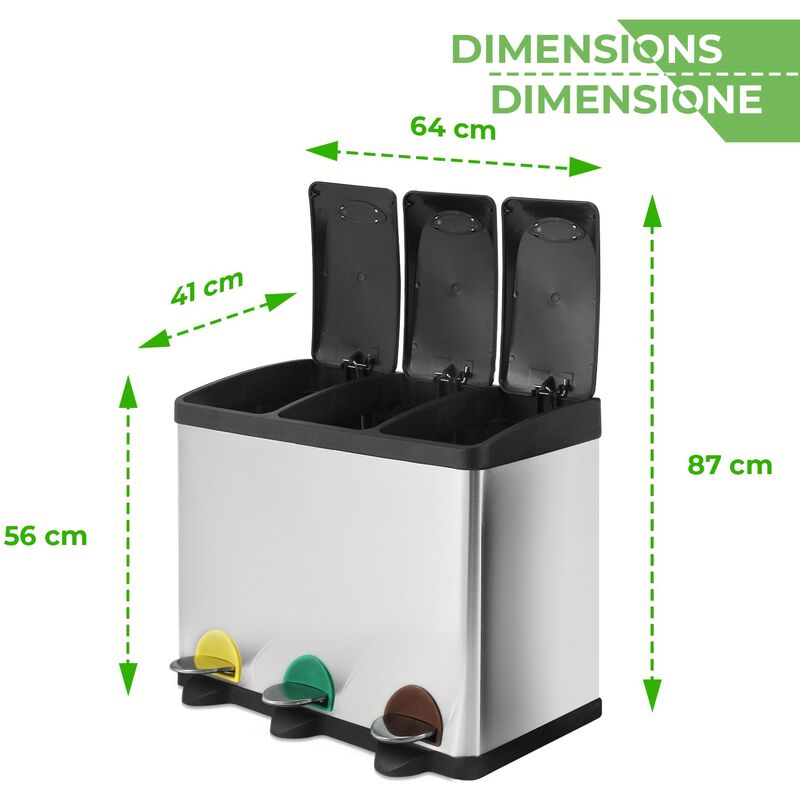 Pattumiera per Differenziata - Capacità 60 l, 3 Scomparti e Secchi Interni, Pedali  Colorati, in Inox - Bidone per Spazzatura, Ce