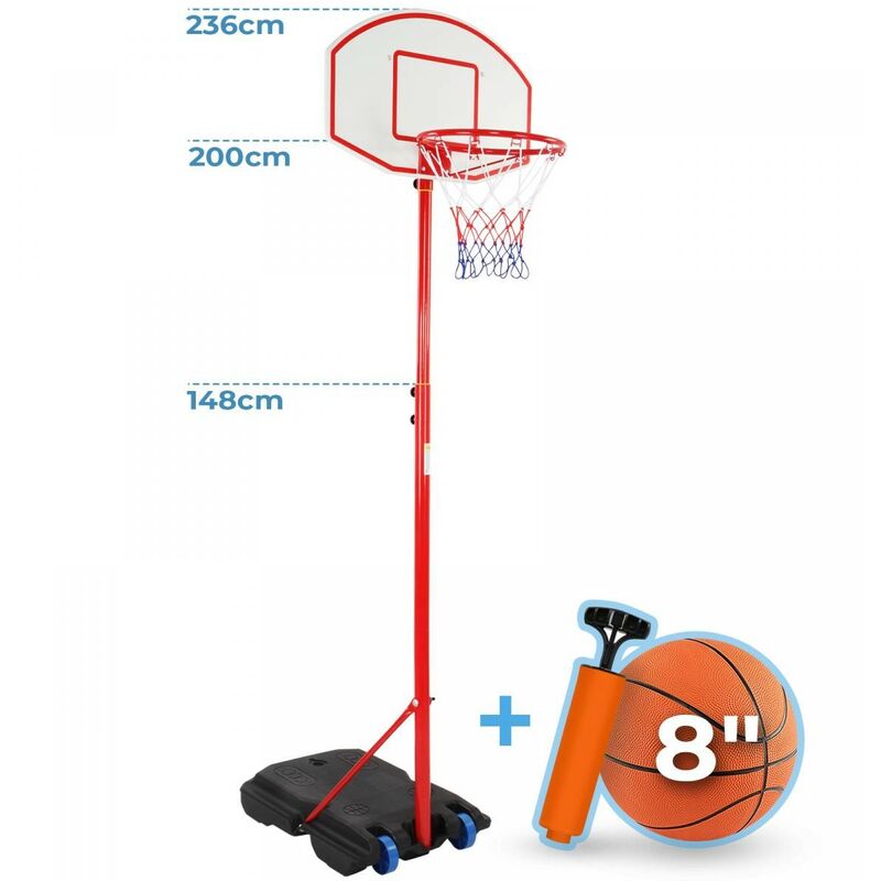 Canestro Basket Esterno Per Bambini Portatile Altezza Regolabile Da 159 Cm  A 214 Cm Da Camera / interno / esterno Con Colonna Tabellone Rosso