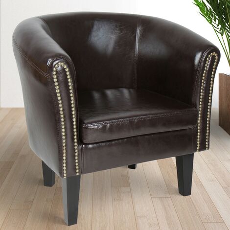 Poltrona con Poggiapiedi Chesterfield - Imbottita, in Similpelle e Legno,  Borchie Decorative in Rame, Marrone - Sedia con